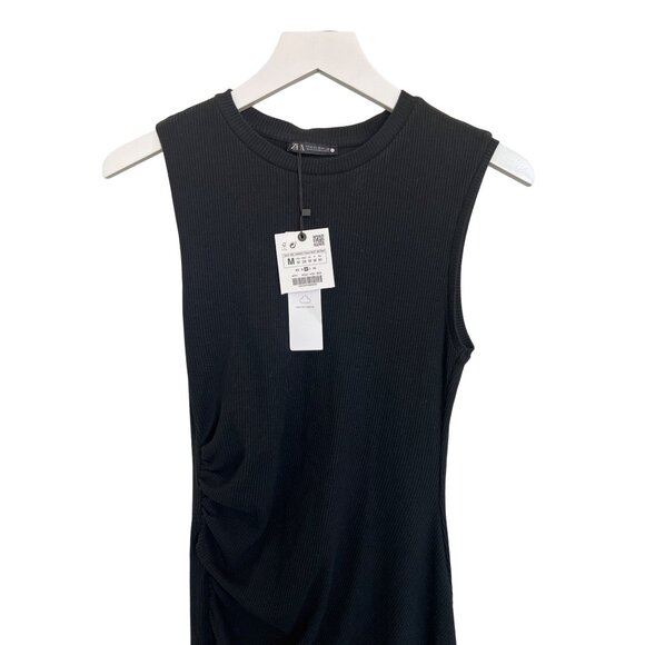 Zara Black Ribbed Ruched Side Detail Dress - Picture 3 of 6